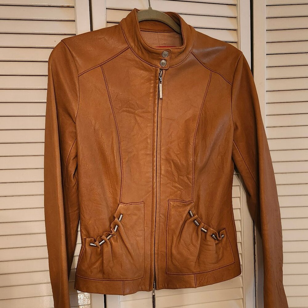 Versace Vintage Y2K Caramel Leather Moto Style Jacket